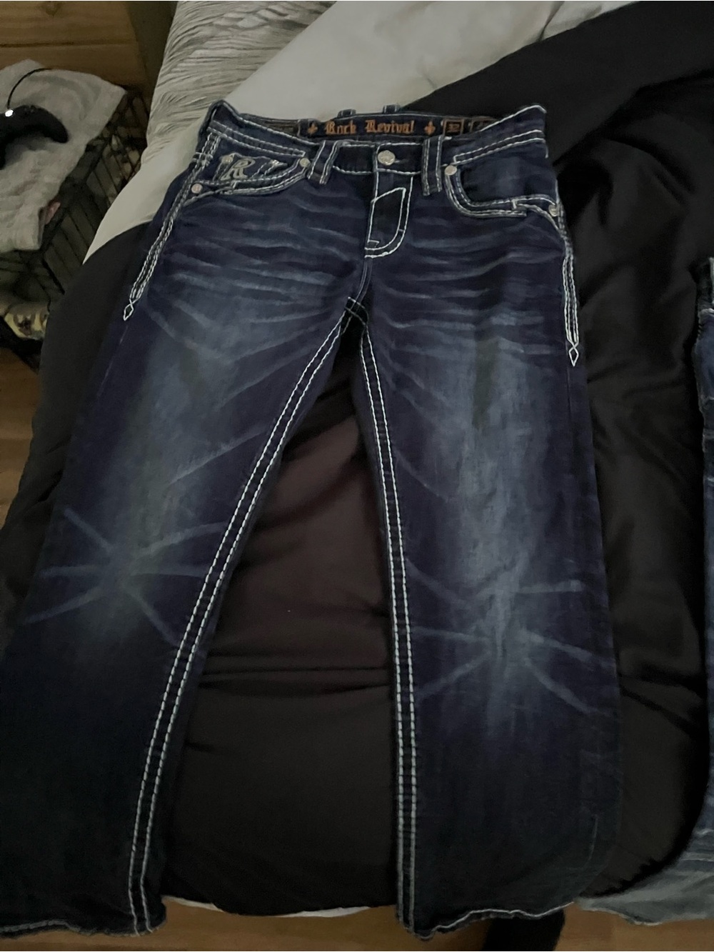 Rock Revival Dark Blue Jeans with White Stitching